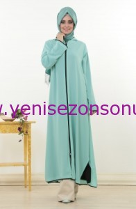 yeni sezon feraceler mileny cift tarafli fermuarli kapsonlu garnili ferace mint lacivert